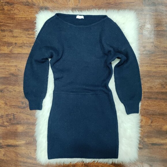 Meshki Navy Blue Chic Rafferty Boat Neck Knit Sweater Dress Women's Size Medium - Picture 2 of 13